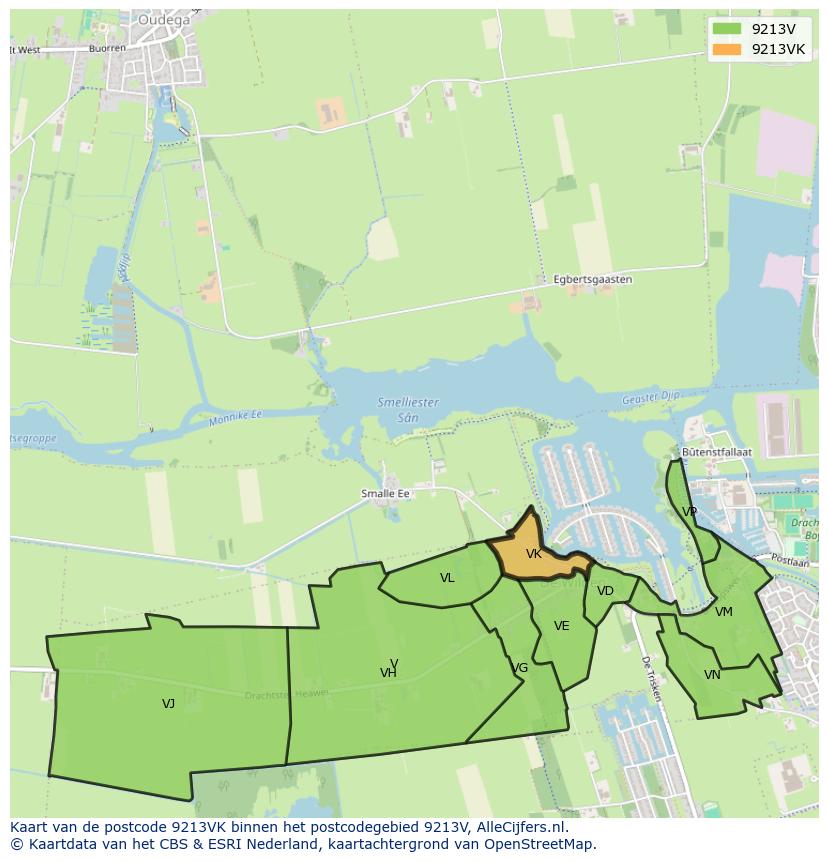 Afbeelding van het postcodegebied 9213 VK op de kaart.