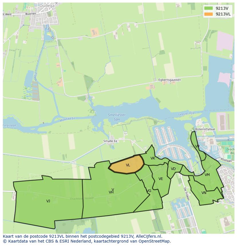 Afbeelding van het postcodegebied 9213 VL op de kaart.