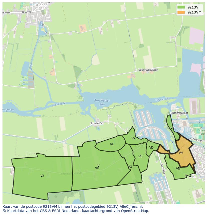 Afbeelding van het postcodegebied 9213 VM op de kaart.