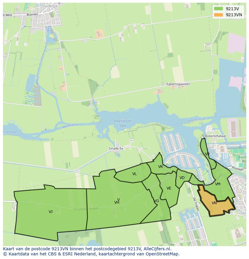 Afbeelding van het postcodegebied 9213 VN op de kaart.