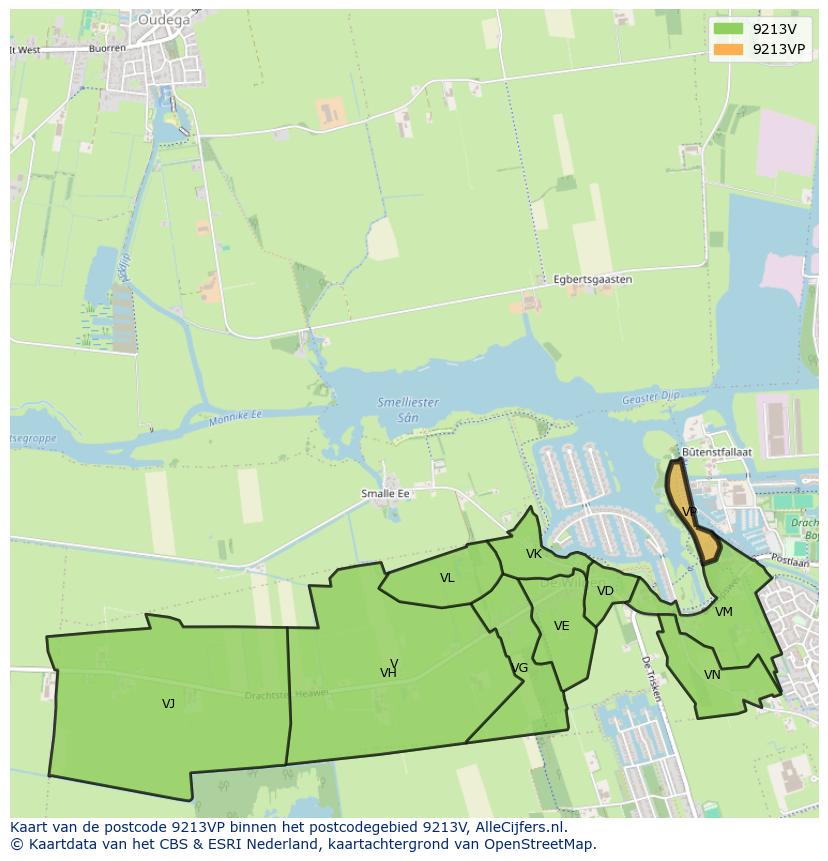Afbeelding van het postcodegebied 9213 VP op de kaart.