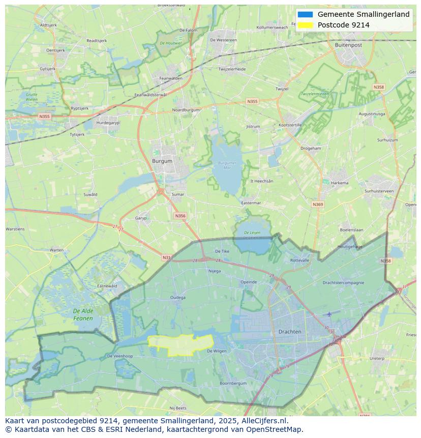 Afbeelding van het postcodegebied 9214 op de kaart.