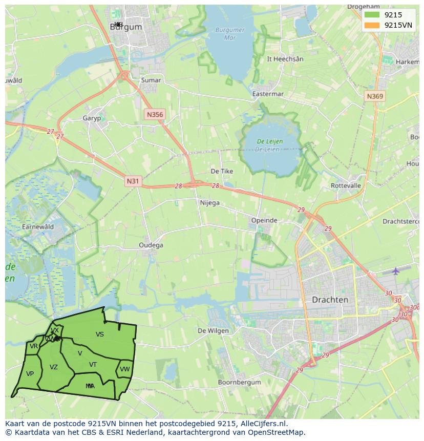 Afbeelding van het postcodegebied 9215 VN op de kaart.
