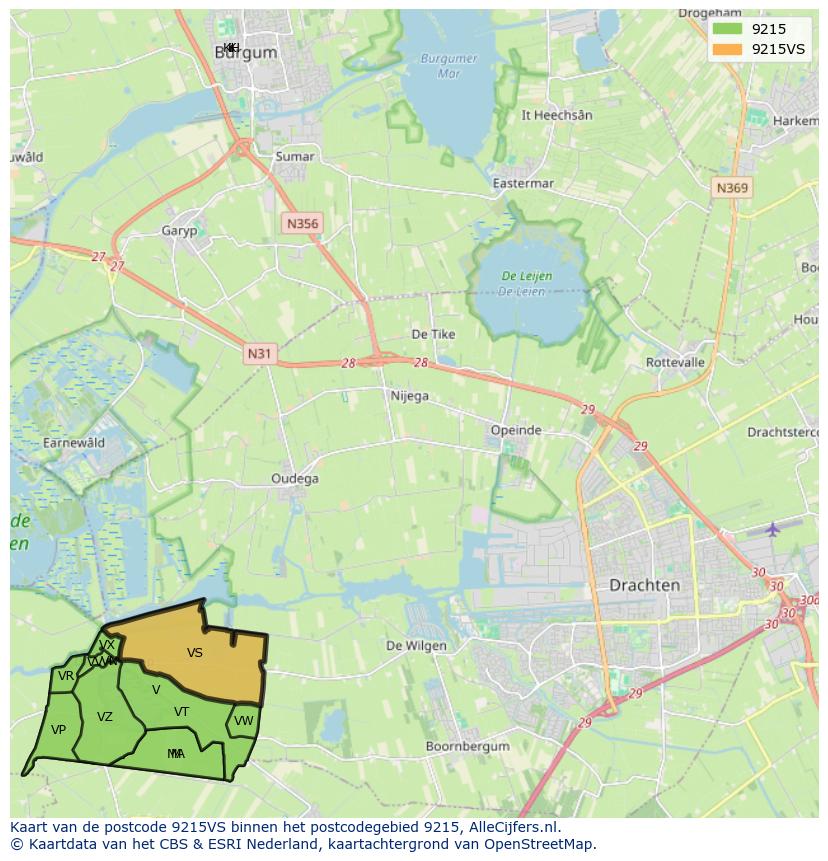 Afbeelding van het postcodegebied 9215 VS op de kaart.