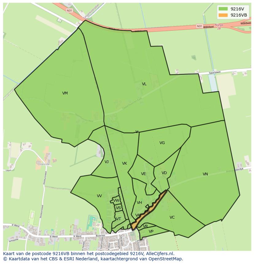 Afbeelding van het postcodegebied 9216 VB op de kaart.