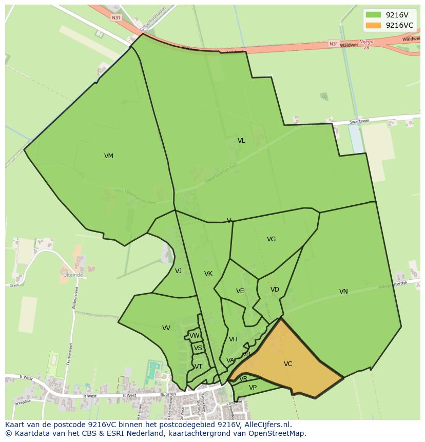 Afbeelding van het postcodegebied 9216 VC op de kaart.