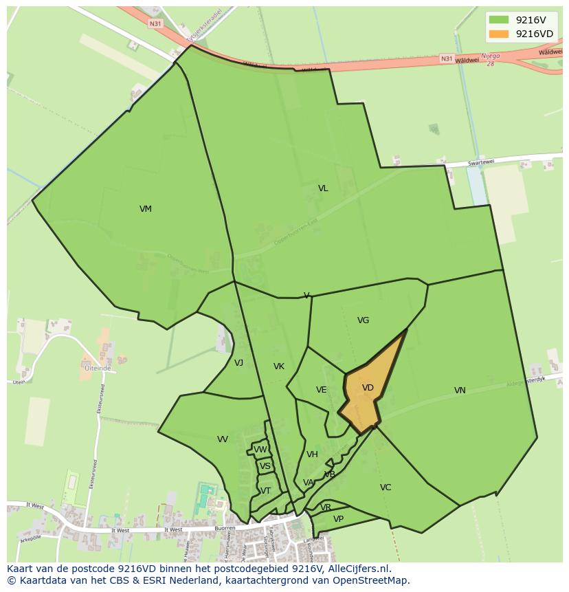 Afbeelding van het postcodegebied 9216 VD op de kaart.