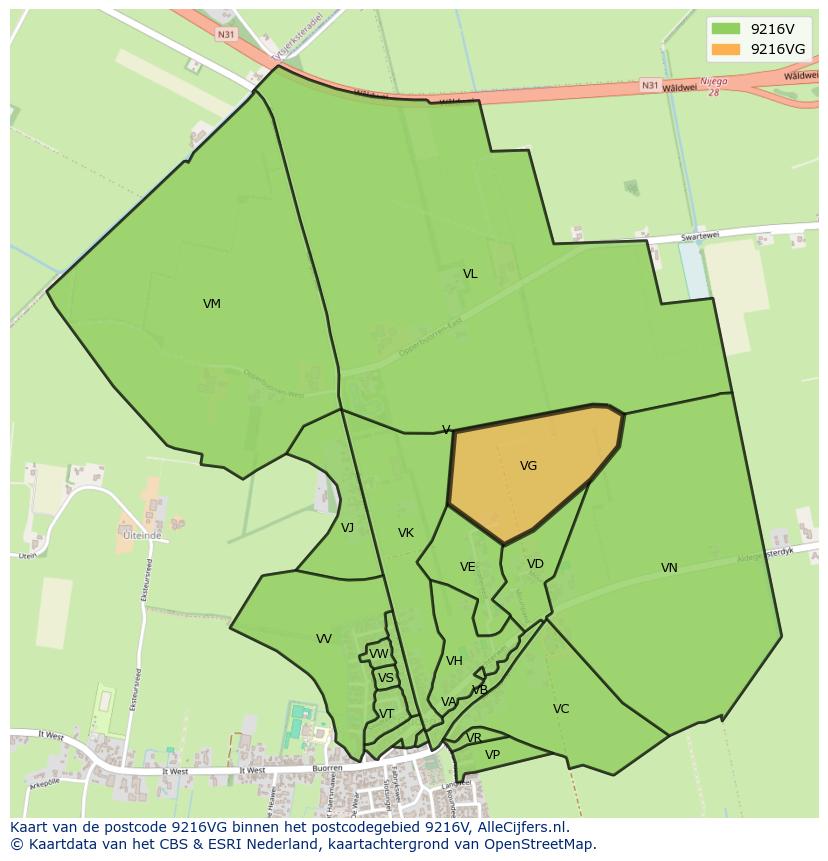 Afbeelding van het postcodegebied 9216 VG op de kaart.