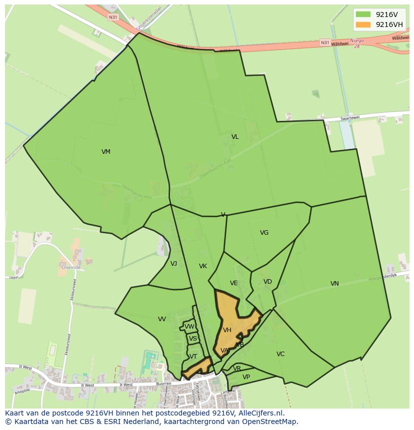 Afbeelding van het postcodegebied 9216 VH op de kaart.