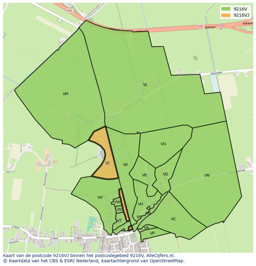 Afbeelding van het postcodegebied 9216 VJ op de kaart.