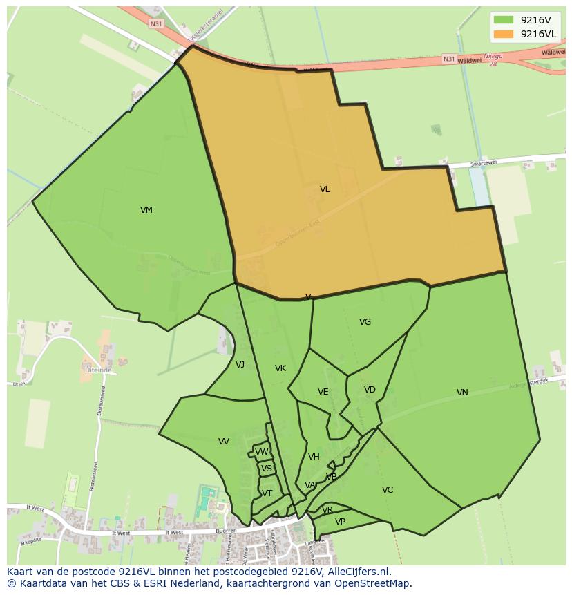 Afbeelding van het postcodegebied 9216 VL op de kaart.