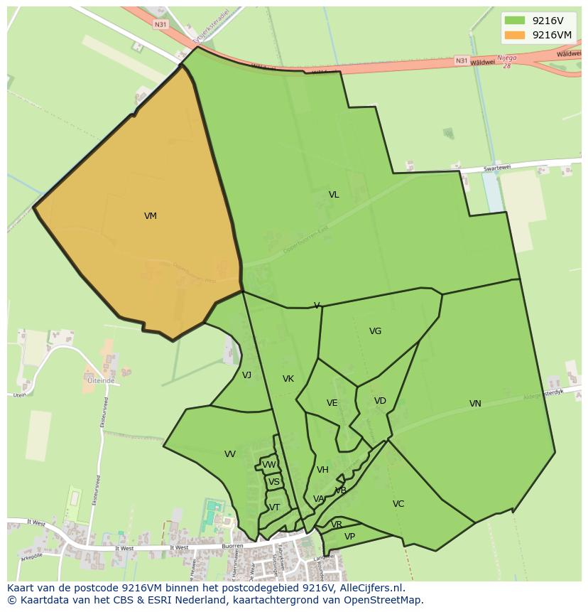Afbeelding van het postcodegebied 9216 VM op de kaart.