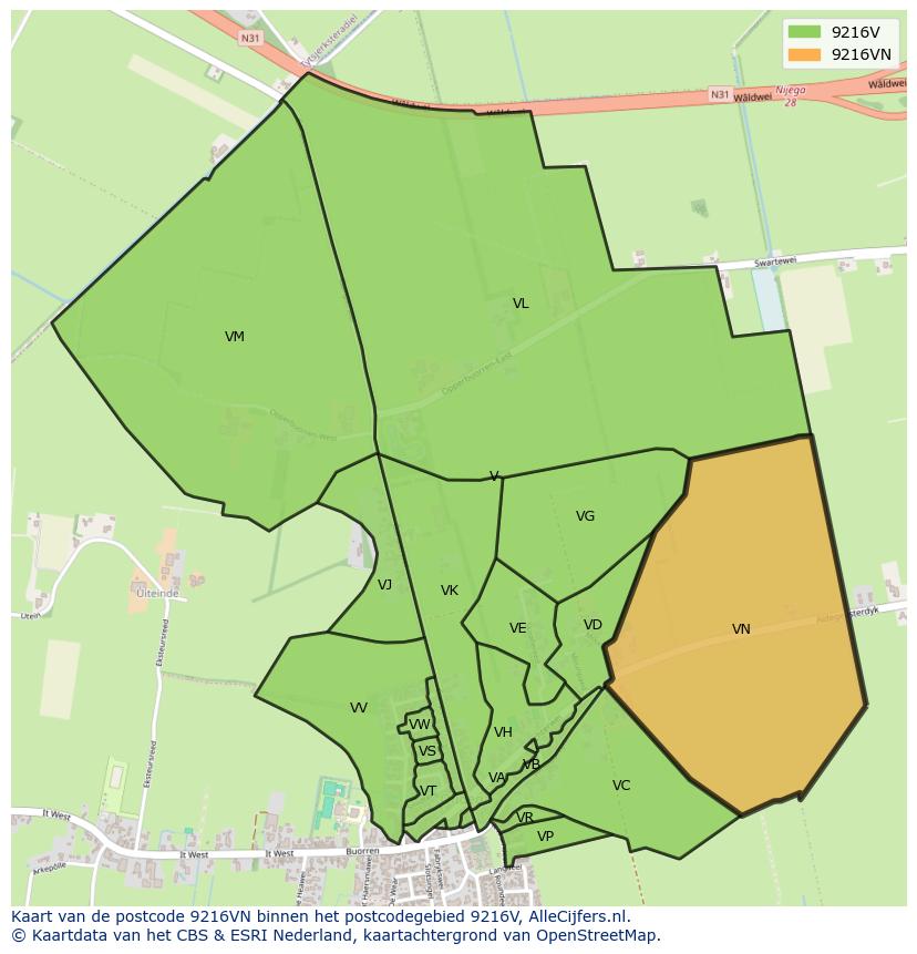 Afbeelding van het postcodegebied 9216 VN op de kaart.