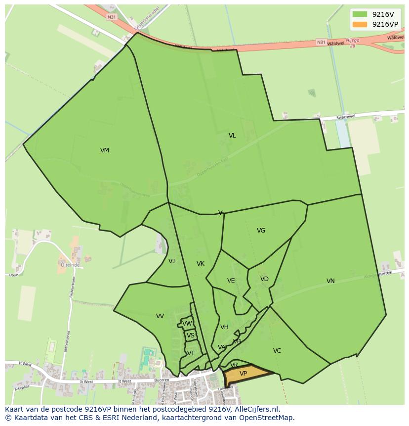 Afbeelding van het postcodegebied 9216 VP op de kaart.