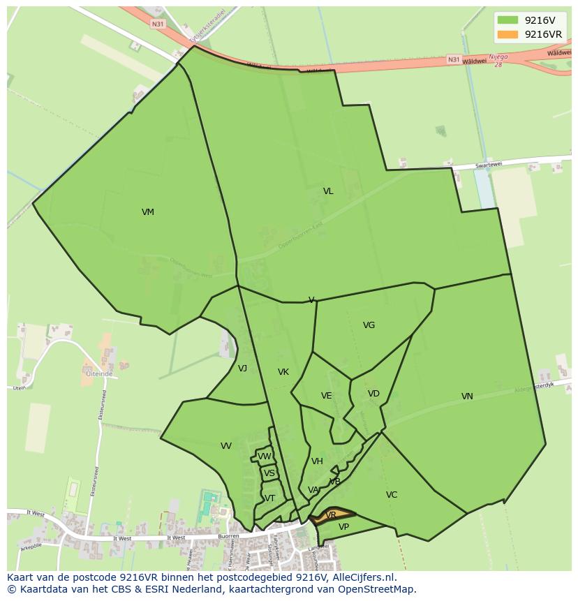 Afbeelding van het postcodegebied 9216 VR op de kaart.