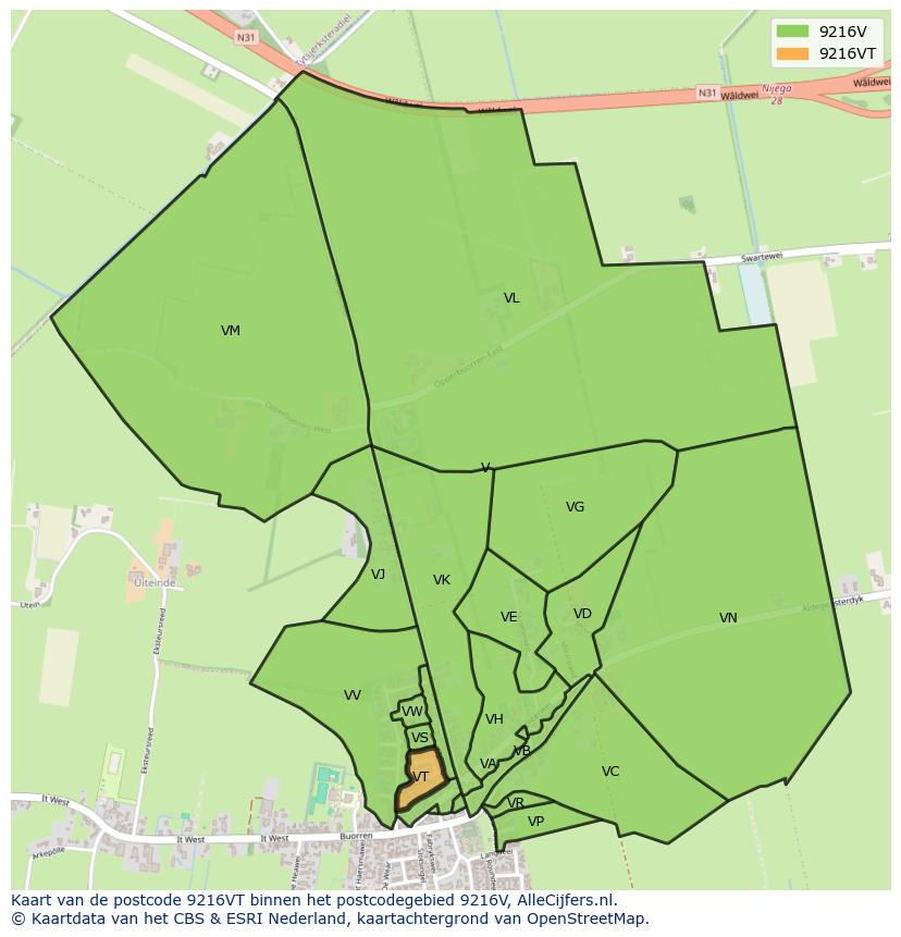 Afbeelding van het postcodegebied 9216 VT op de kaart.