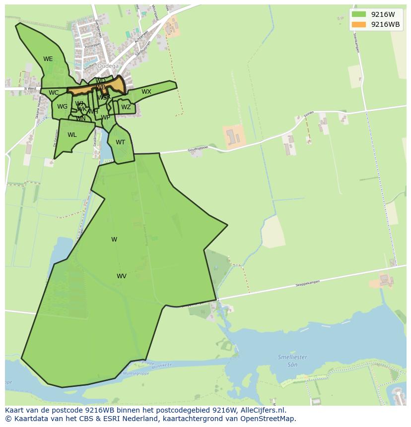 Afbeelding van het postcodegebied 9216 WB op de kaart.