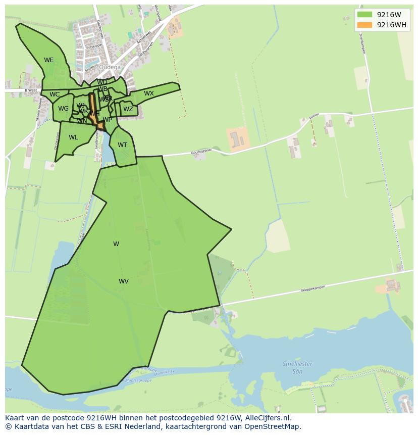 Afbeelding van het postcodegebied 9216 WH op de kaart.