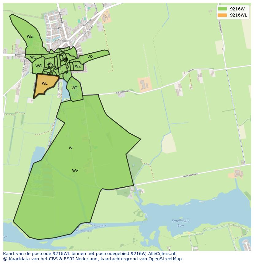Afbeelding van het postcodegebied 9216 WL op de kaart.