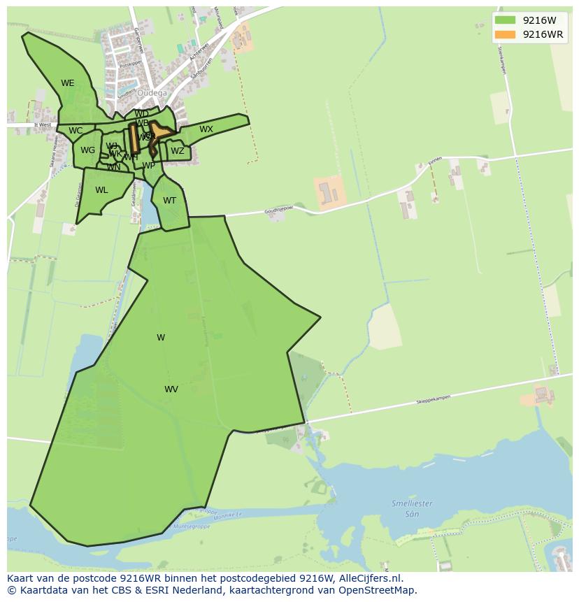 Afbeelding van het postcodegebied 9216 WR op de kaart.