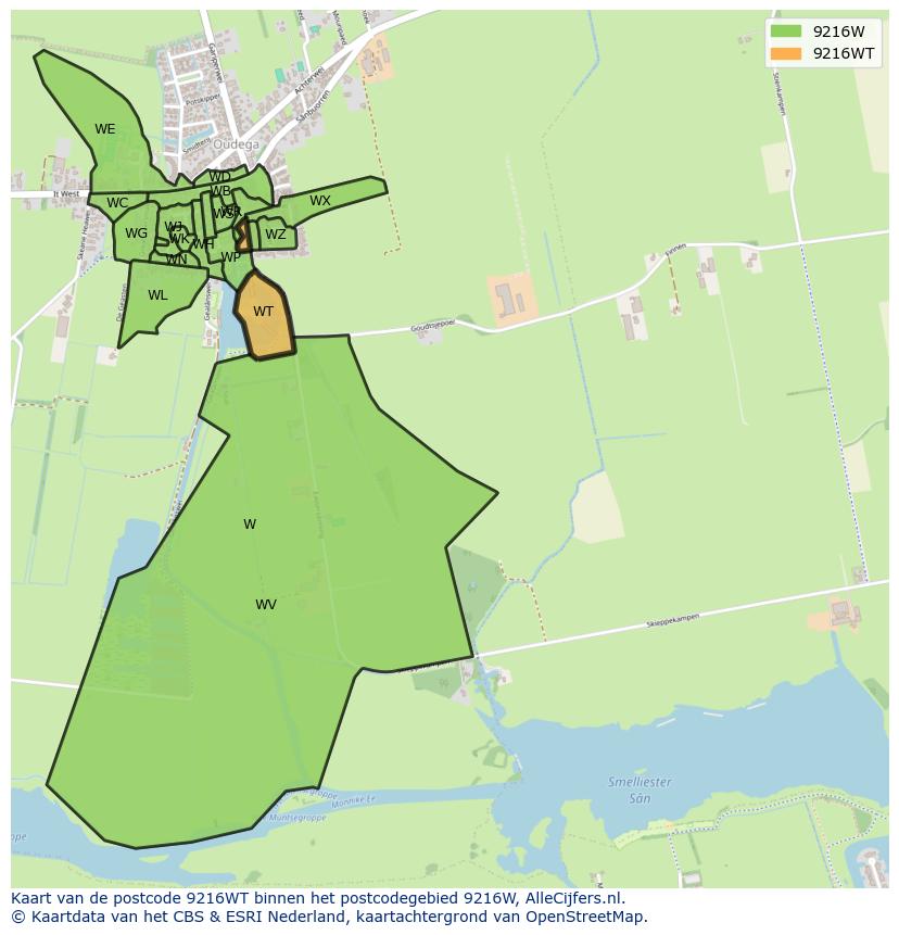 Afbeelding van het postcodegebied 9216 WT op de kaart.