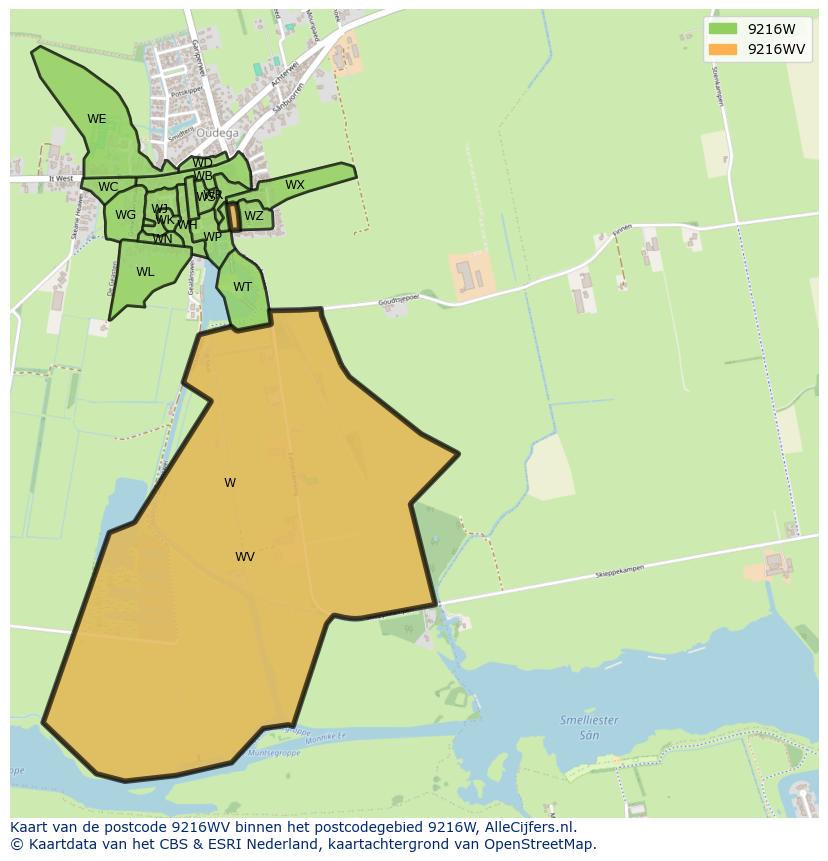Afbeelding van het postcodegebied 9216 WV op de kaart.
