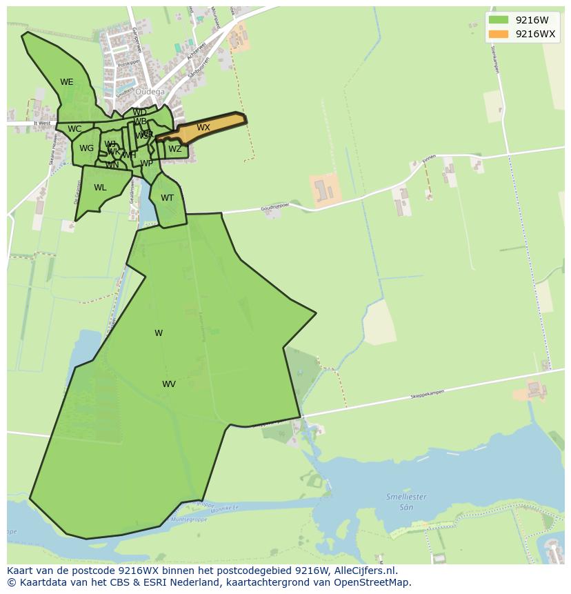Afbeelding van het postcodegebied 9216 WX op de kaart.