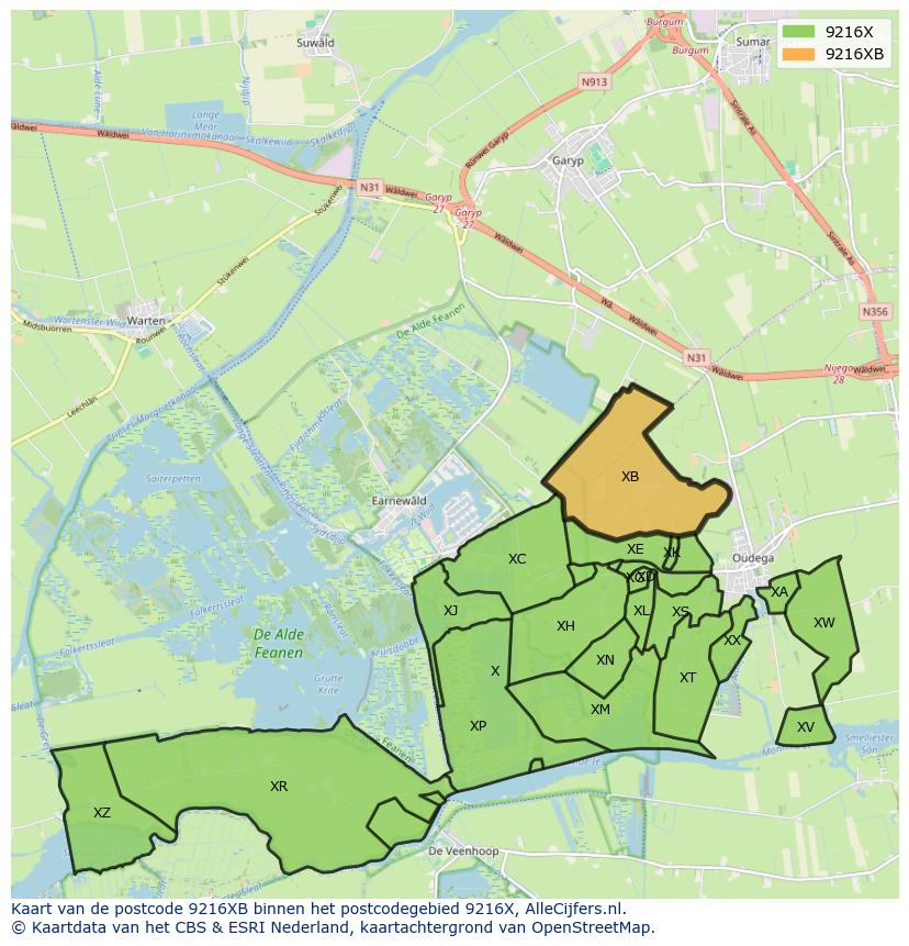 Afbeelding van het postcodegebied 9216 XB op de kaart.
