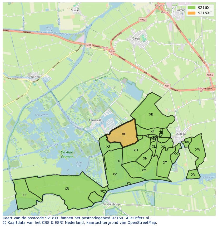 Afbeelding van het postcodegebied 9216 XC op de kaart.