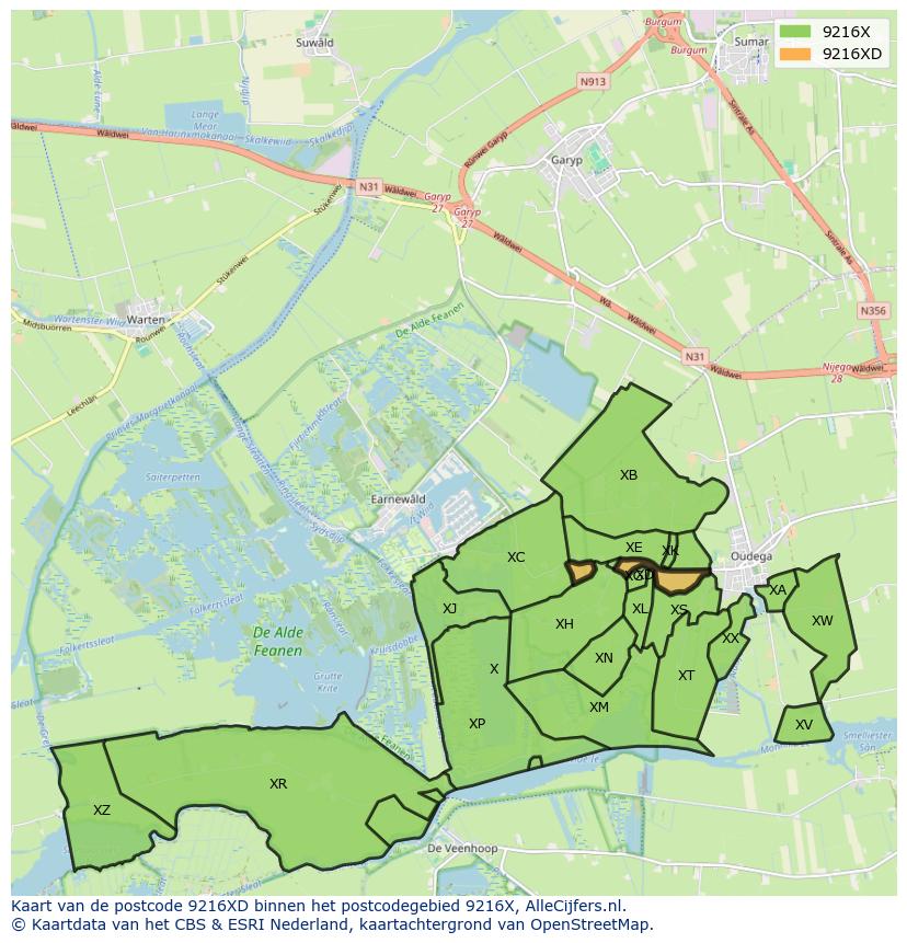 Afbeelding van het postcodegebied 9216 XD op de kaart.