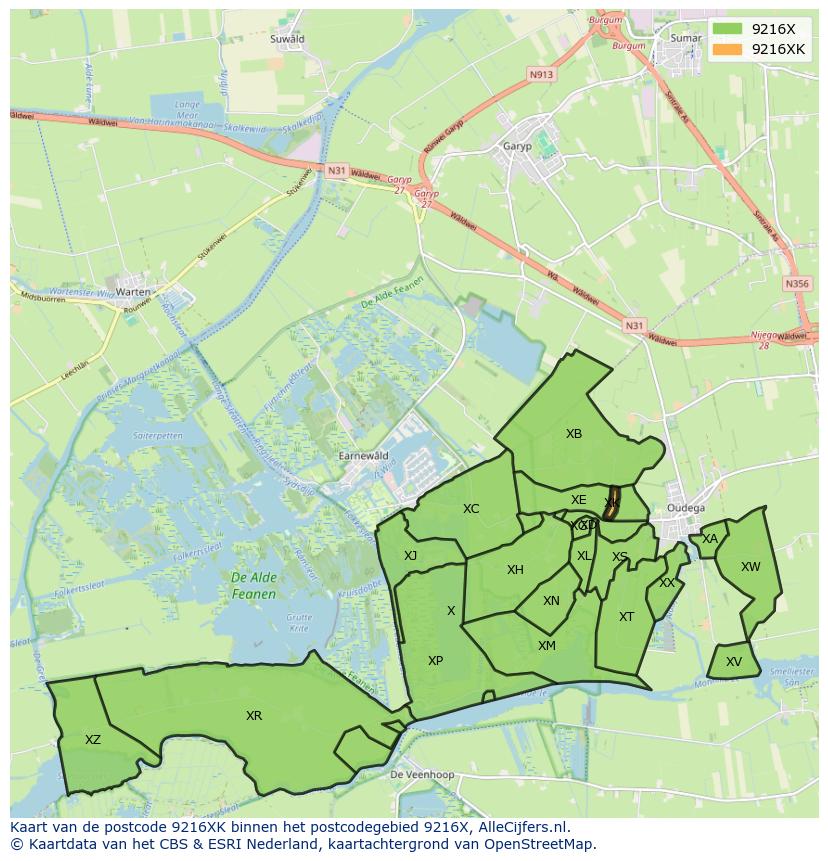 Afbeelding van het postcodegebied 9216 XK op de kaart.