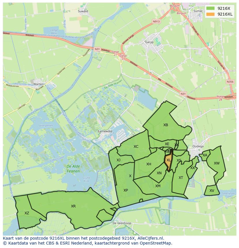 Afbeelding van het postcodegebied 9216 XL op de kaart.