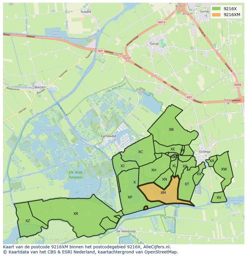 Afbeelding van het postcodegebied 9216 XM op de kaart.