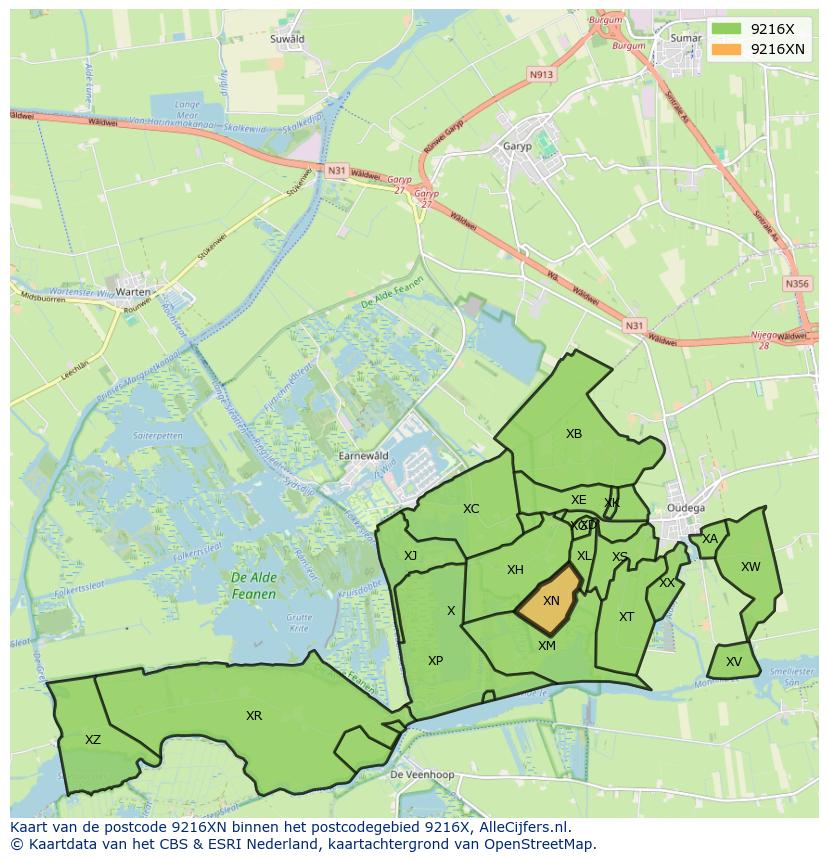 Afbeelding van het postcodegebied 9216 XN op de kaart.