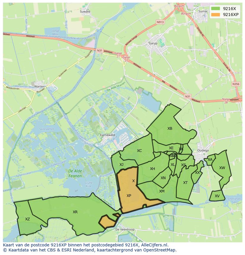 Afbeelding van het postcodegebied 9216 XP op de kaart.