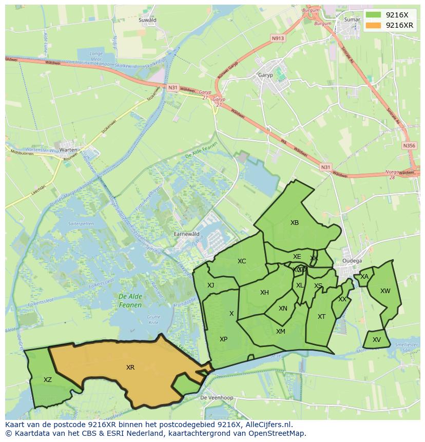 Afbeelding van het postcodegebied 9216 XR op de kaart.