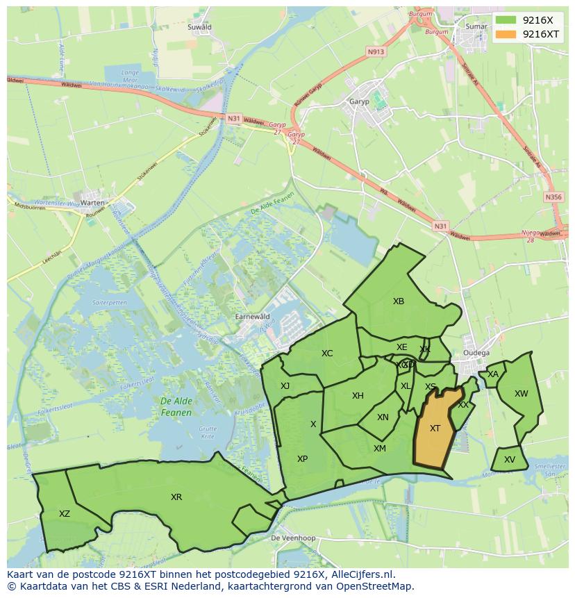 Afbeelding van het postcodegebied 9216 XT op de kaart.