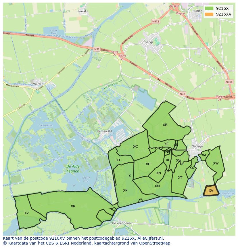 Afbeelding van het postcodegebied 9216 XV op de kaart.