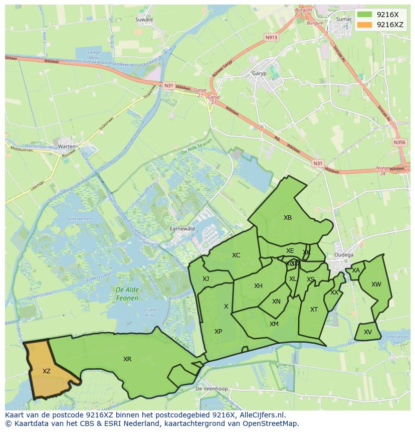 Afbeelding van het postcodegebied 9216 XZ op de kaart.