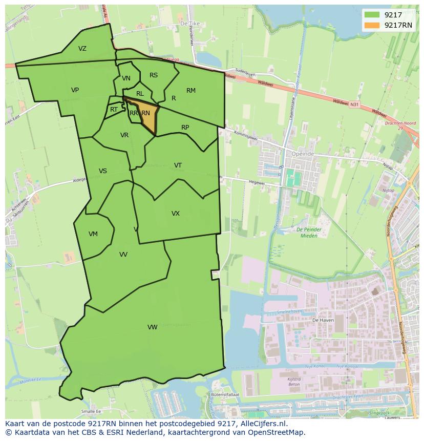 Afbeelding van het postcodegebied 9217 RN op de kaart.