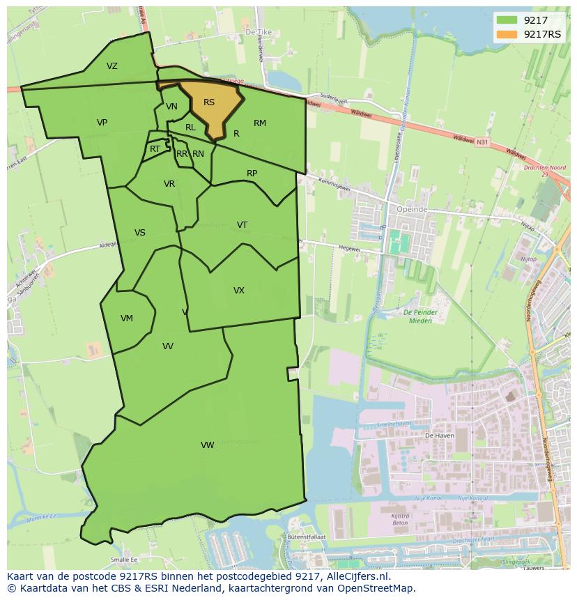 Afbeelding van het postcodegebied 9217 RS op de kaart.