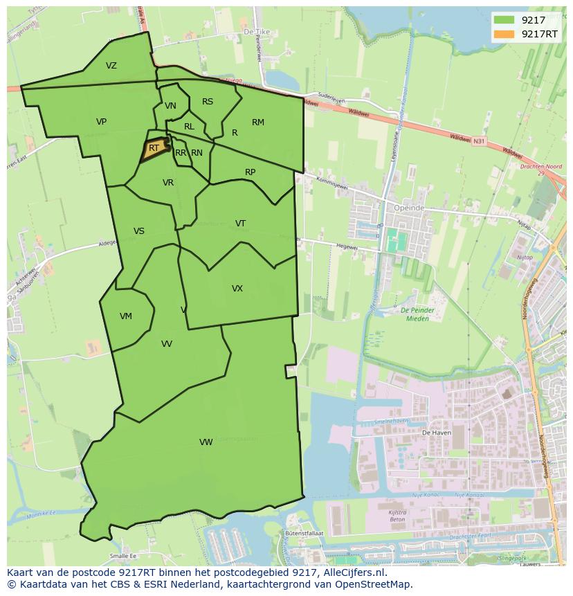 Afbeelding van het postcodegebied 9217 RT op de kaart.
