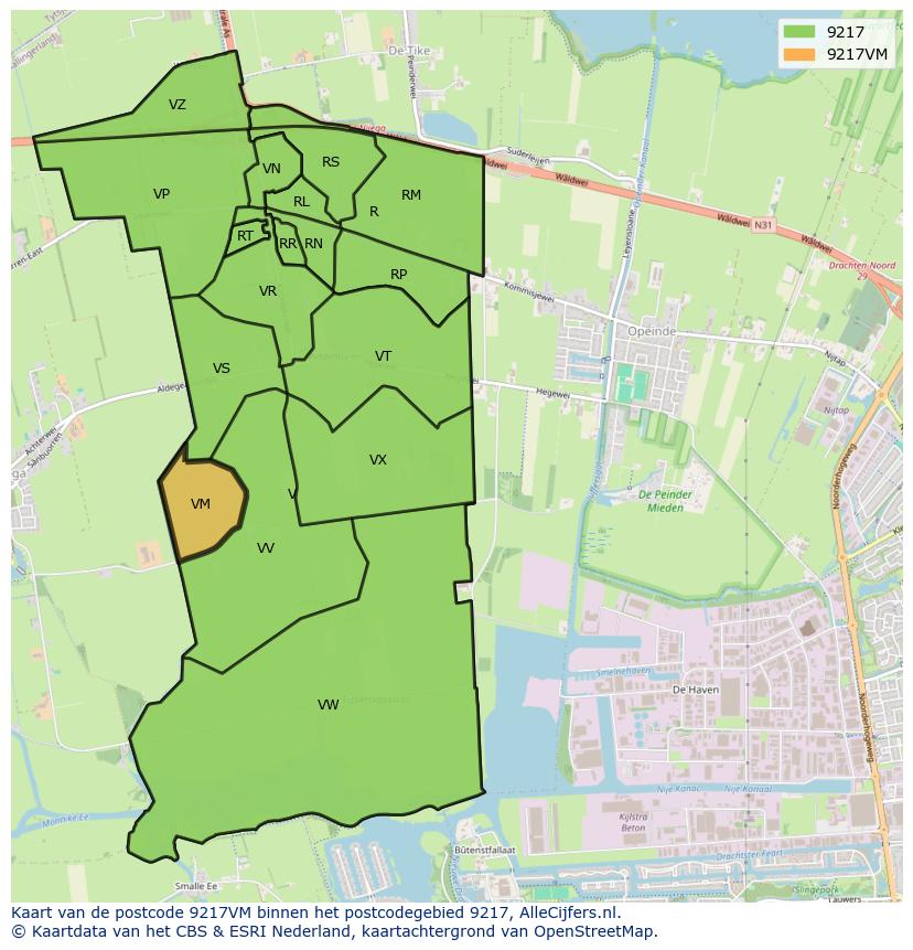 Afbeelding van het postcodegebied 9217 VM op de kaart.