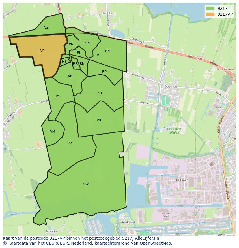 Afbeelding van het postcodegebied 9217 VP op de kaart.