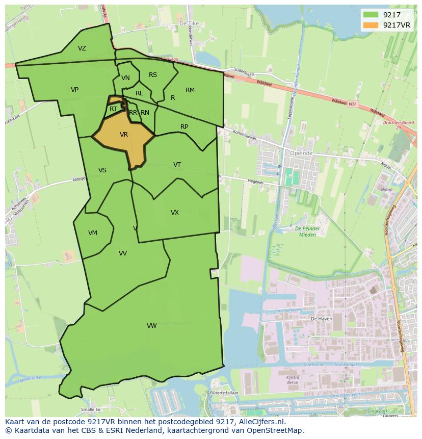 Afbeelding van het postcodegebied 9217 VR op de kaart.