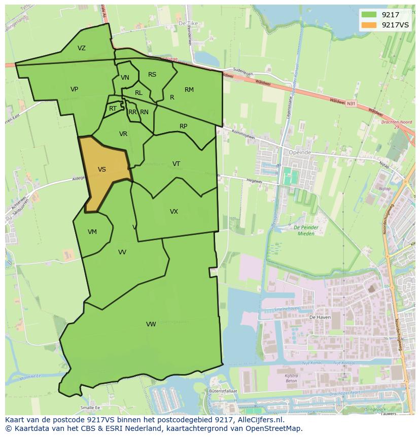 Afbeelding van het postcodegebied 9217 VS op de kaart.