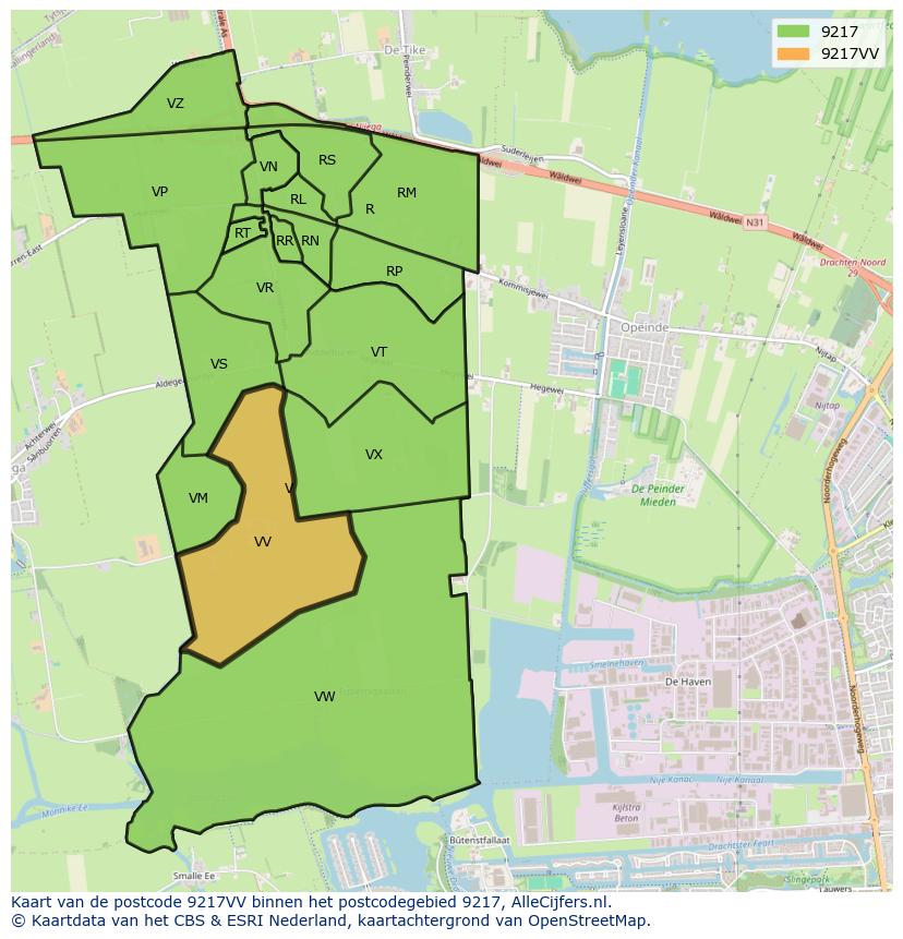Afbeelding van het postcodegebied 9217 VV op de kaart.