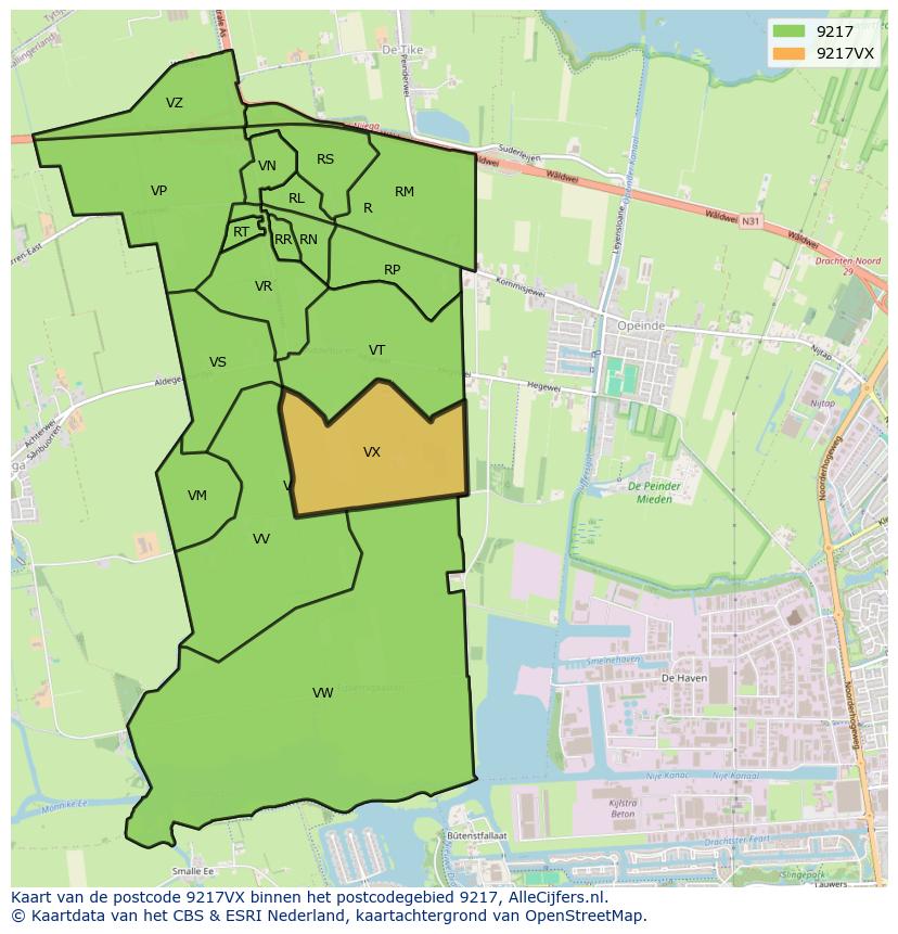 Afbeelding van het postcodegebied 9217 VX op de kaart.