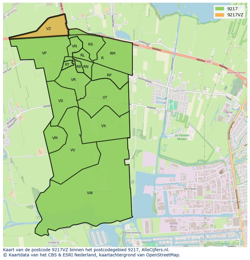 Afbeelding van het postcodegebied 9217 VZ op de kaart.