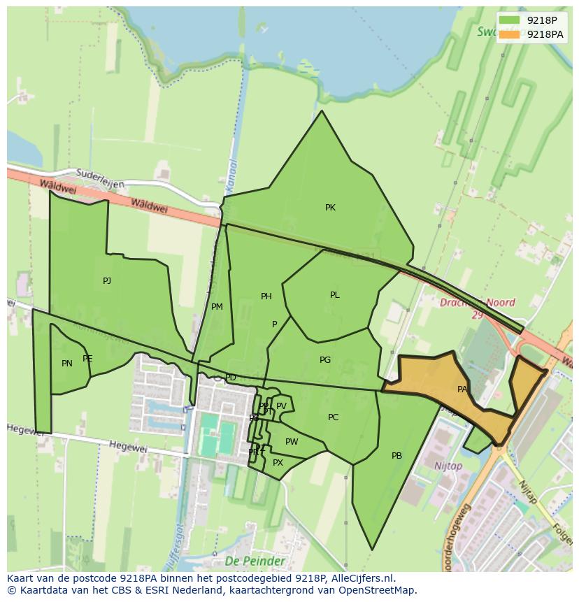 Afbeelding van het postcodegebied 9218 PA op de kaart.